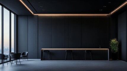 Explore an empty room illuminated by a celestial light filtering through ceiling,  with a sleek black wall providing an ideal backdrop for showcasing logo mockups or product presentations in stock pho
