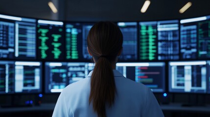 A healthcare manager overseeing a large-scale health data management system in a high-tech server room.