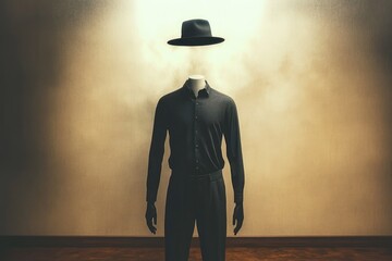 Obraz premium Surrealist Scene of Headless Mannequin with Floating Hat in Dreamlike Atmosphere