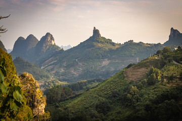 beautiful karst landscape of yangshuo, china, river li, bending river, sunset, hills, view from...