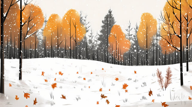 barren autumn trees snowcovered pine