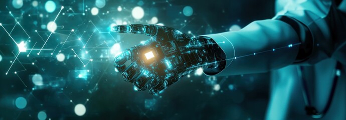 Futuristic Medical Scene with Robotic Arm Doctor and AI Holographic Interface in Digital Healthcare Innovation