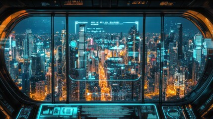 Obraz premium A futuristic smart window with holographic controls, overlooking a sci-fi city, glowing neon colors, 