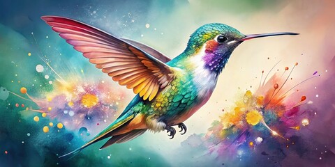Obraz premium Elegant Watercolor Hummingbird with Bokeh Effect, Colorful Splashes of Paint, Isolated Bird Design, Vibrant Art for Nature Lovers and Home Decor