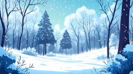 A serene winter forest landscape blanketed in snow, showcasing tall, frosted trees. Windcrest. Illustration