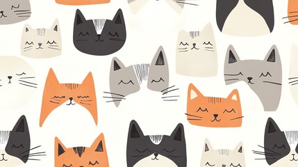 Fototapeta premium A seamless pattern of Scandinavian cats, with charming geometric shapes and soft, muted colors, perfect for creating modern and stylish textiles and home decor