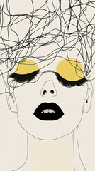 Surreal Abstract Minimalistic Female Portrait Thinking with Yellow Accents, Black Lips, and Expressive Flowing Lines Illustration