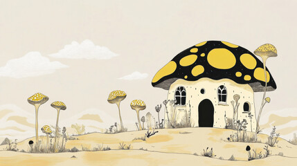 Surreal Abstract Mushroom House with Yellow and Black Accents in a Whimsical Landscape Illustration