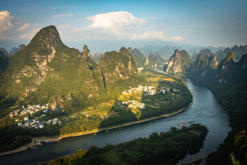 beautiful karst landscape of yangshuo, china, river li, bending river, sunset, hills, view from...