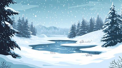 Fototapeta premium A snowy winter scene featuring a frozen river with snow-covered trees. Windcrest. Illustration