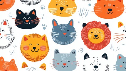 A seamless pattern of humorous animal faces, such as cats, dogs, and lions, in a bright Scandinavian style, perfect for kids wrapping, fabrics, and apparel designs