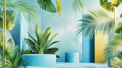 Obraz premium 38.A clean, modern composition with alternating blue and golden geometric platforms. Tropical foliage in soft green frames the scene, creating an elegant contrast against the neutral backdrop.
