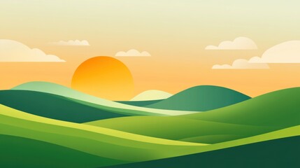 Obraz premium Sunset over rolling green hills, peaceful landscape, idyllic background, website banner