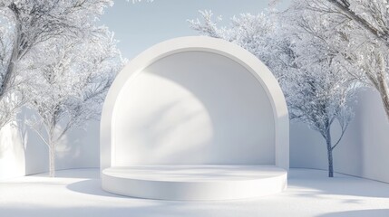 44.A dreamy winter setup with a white podium placed on a snowy base, framed by a simple, elegant arch. The natural lighting emphasizes the clean geometry and frosty tones, enhancing the surreal