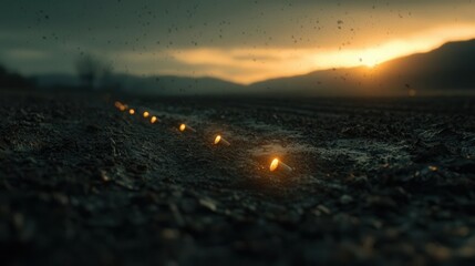 Illuminated pathway at dusk scenic landscape nature rural environment low angle serenity and reflection