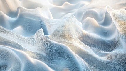 74.A futuristic abstract design of undulating wave patterns stretching across a bright blue canvas. The soft, sinuous lines are highlighted with gentle gradients, creating a harmonious blend of light