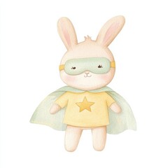 Obraz premium A cute rabbit wearing a superhero cape and mask, watercolor illustration, pastel tones, isolated on white background --profile jh84aip --v 6.1 Job ID: e30f4fbd-2329-4593-be26-2b42f2970fab
