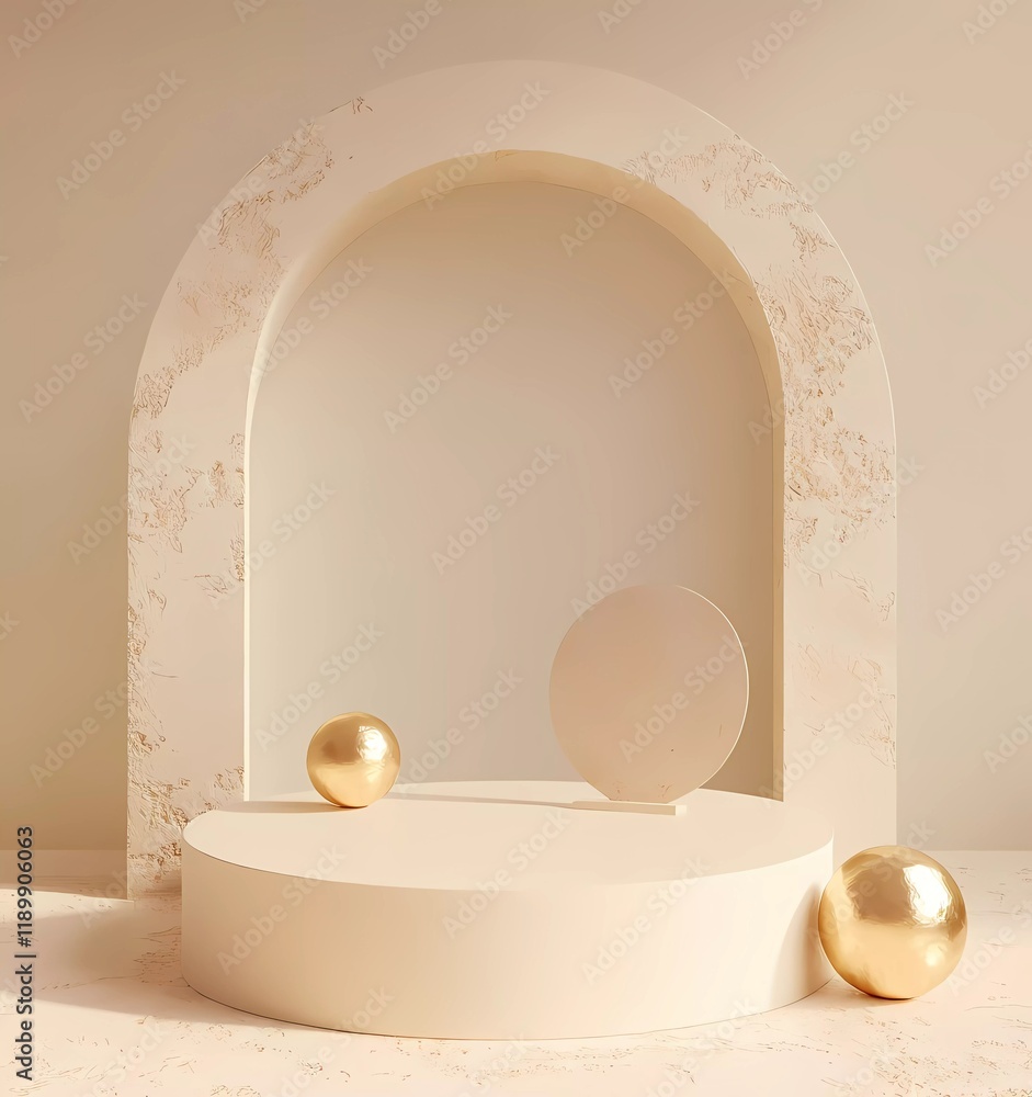 Poster 3d rendering of a minimal podium scene with geometric shapes and golden elements for product present