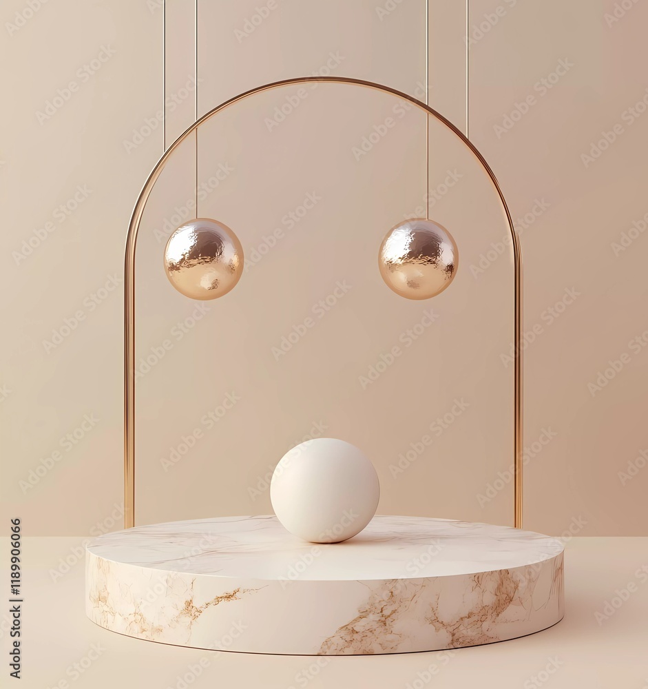 Poster 3D rendering of a minimal podium scene with geometric shapes and golden elements for product presentation, on a light beige background with copy space