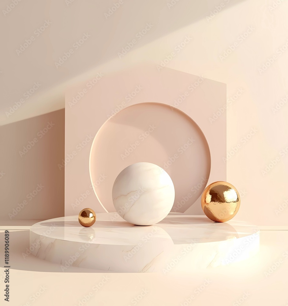 Poster 3D rendering of a minimal podium scene with geometric shapes and golden elements for product presentation, mockup design background