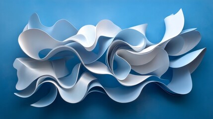 62.A modern 3D composition featuring sinuous, wave-like patterns cascading across a bold blue backdrop. The intertwining forms create a dynamic interplay of curves and smooth gradients.