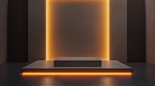 82.A modern abstract scene with a smooth, rectangular podium surrounded by soft ambient lighting. The minimalistic composition emphasizes simplicity and sophistication, ideal for showcasing products.
