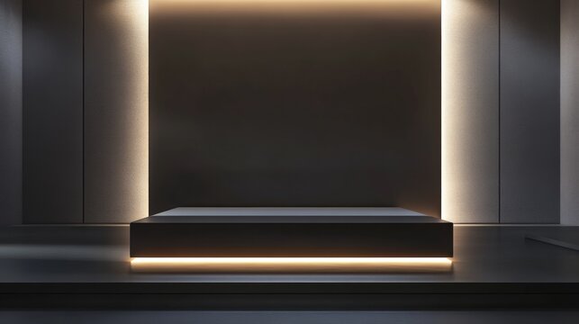 82.A modern abstract scene with a smooth, rectangular podium surrounded by soft ambient lighting. The minimalistic composition emphasizes simplicity and sophistication, ideal for showcasing products.