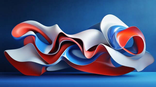 62.A modern 3D composition featuring sinuous, wave-like patterns cascading across a bold blue backdrop. The intertwining forms create a dynamic interplay of curves and smooth gradients.