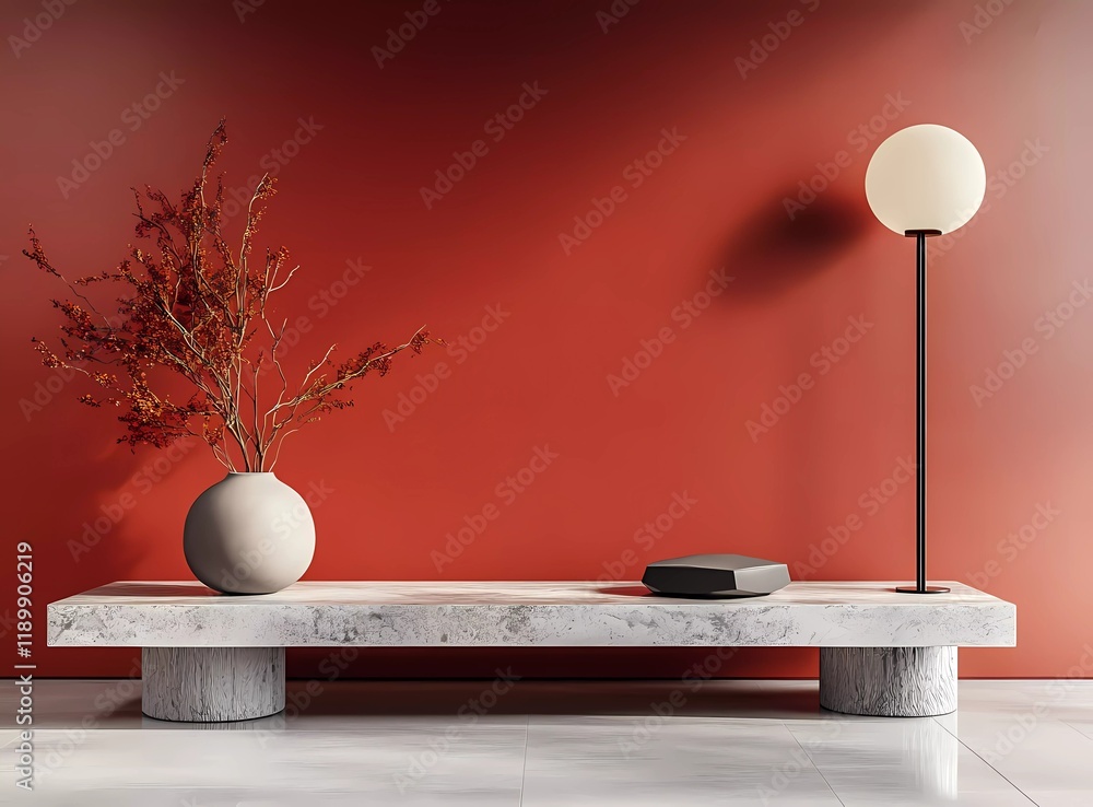 Poster 3D rendering of a red background wall with a geometric shape podium display for product presentation, a minimal mockup design template