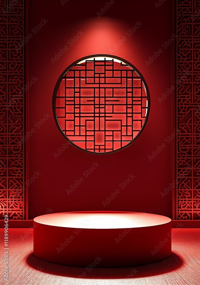 Poster 3d rendering of a red background with a chinese window pattern and an empty podium for product displ