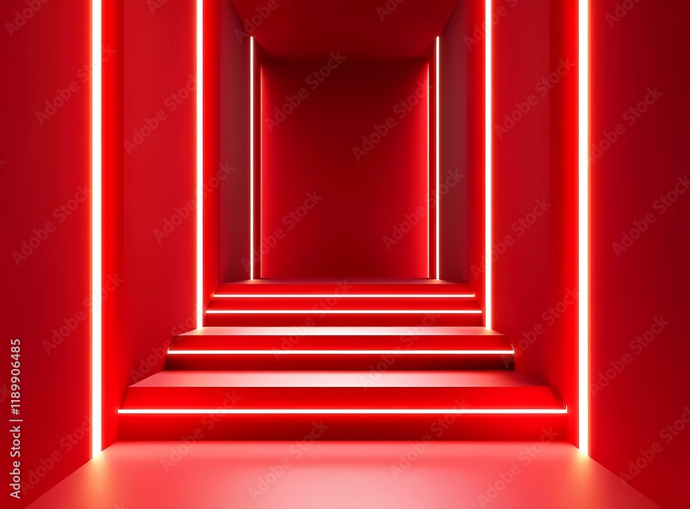 Poster 3D rendering of a red background with a geometric shape podium scene for product display presentation. Minimal mockup design studio showcase and advertising banner concept. 