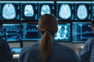 A team of medical experts collaborating in a modern conference room filled with holographic displays showing patient data and statistical analysis.
