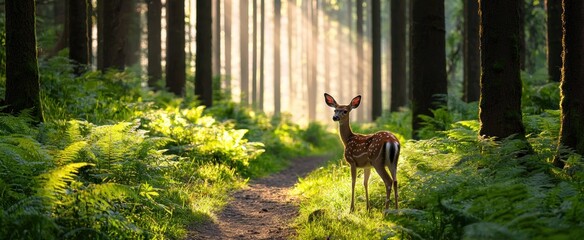 Fototapeta premium Serene Deer in Lush Forest Path with Sunlight Filtering Through Trees