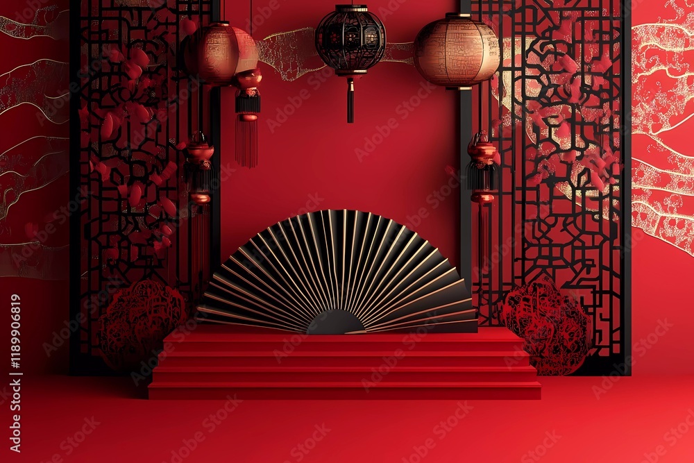 Aufkleber 3d vector red background with a stage, fan, and chinese new year elements for a product display podi