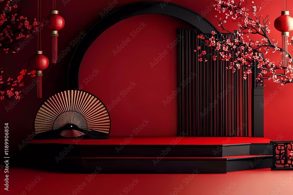 Poster 3d vector red background with a stage, fan, and chinese new year elements for a product display podi