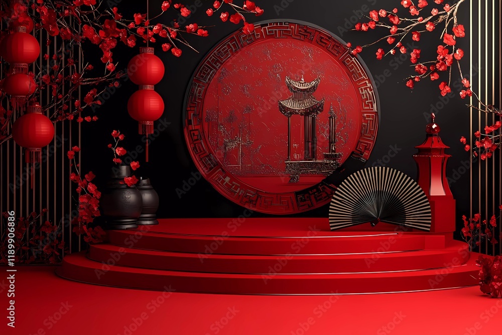Poster 3d vector red background with a stage, fan, and chinese new year elements for a product display podi