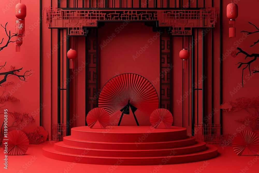 Poster 3d vector red background with a stage, fan, and chinese new year elements for a product display podi