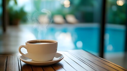 Front View Of Steaming Coffee Cup On Brown Wooden Counter With Sharp Surface Details And Swimming Pool In The Background, Capturing Relaxing Vacation Morning Mood.