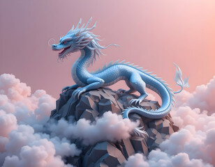 Serene Celestial Dragon: A majestic light blue dragon perched atop a rocky mountain peak, surrounded by ethereal clouds, under a soft pink dawn sky.