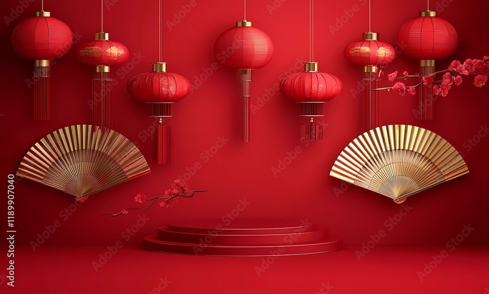 Poster 3d vector red background with chinese new year elements, podium display for product presentation and