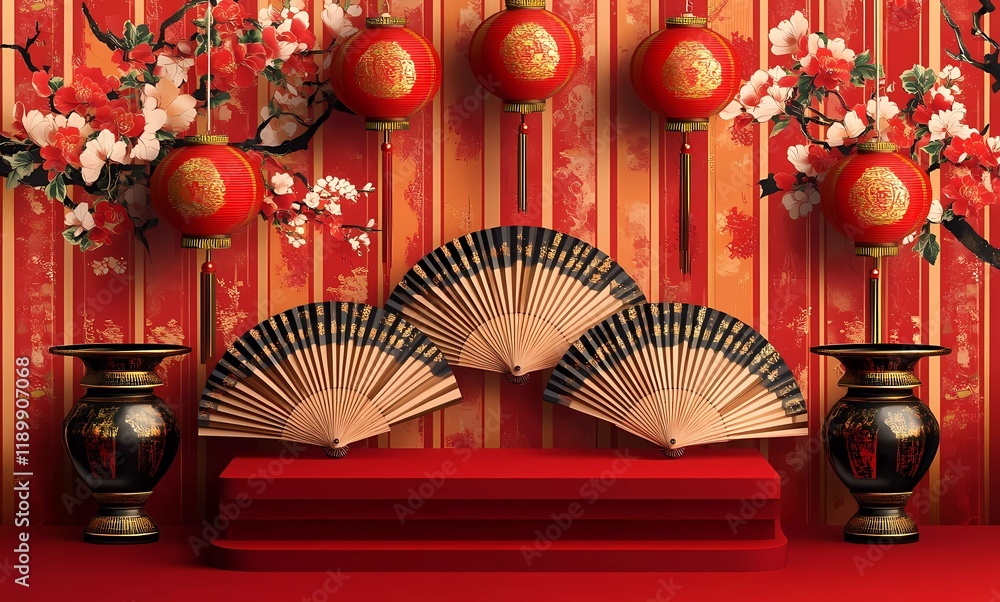 Poster 3d vector red background with chinese new year elements, podium display for product presentation and