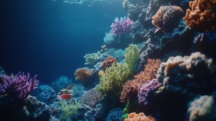 Fototapeta premium Vibrant Underwater Coral Reef Scene with Diverse Marine Life and Exotic Fish Illuminated by Sunlight in a Clear Blue Ocean Background
