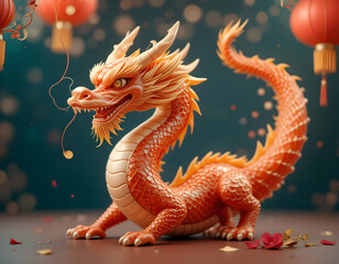 Fototapeta premium Stunning 3D Render of a Chinese Dragon amidst Festive Lanterns