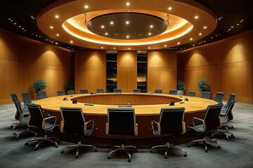 Modern Conference Room with Circular Table and Black Chairs