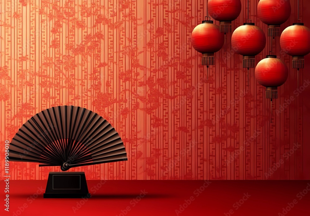Poster chinese new year background with a fan and lanterns, in a red color. vector illustration of a podium