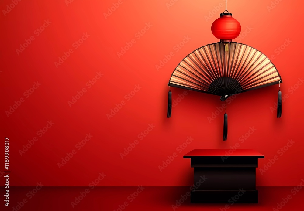 Poster chinese new year background with a fan and lanterns, in a red color. vector illustration of a podium