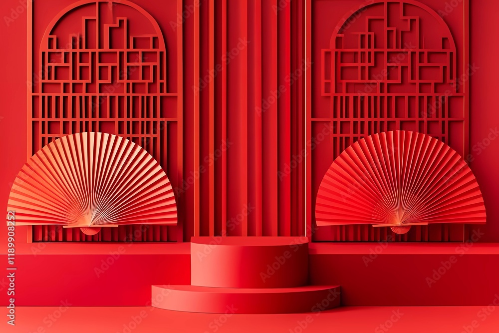 Poster vector background design, podium display for product presentation on chinese new year with red paper
