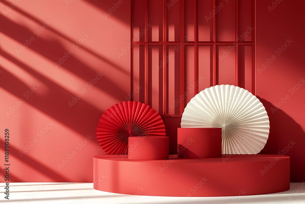 Poster vector background design, podium display for product presentation on chinese new year with red paper