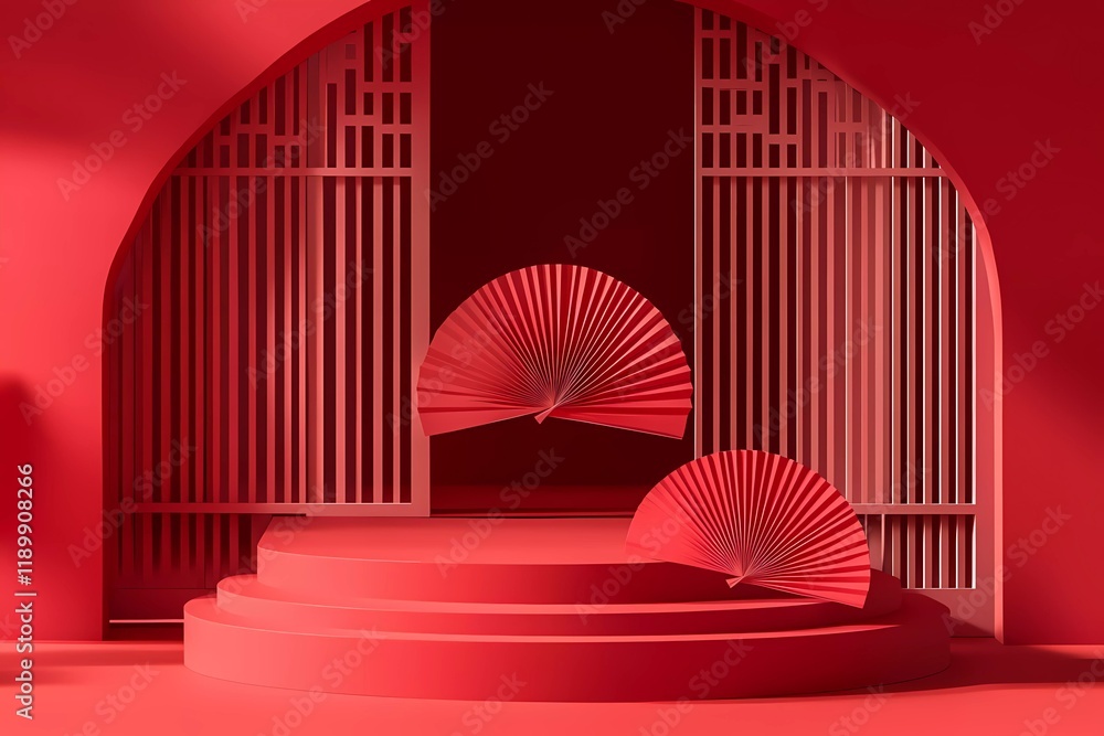 Poster vector background design, podium display for product presentation on chinese new year with red paper
