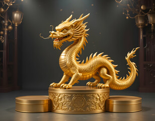 Majestic Golden Dragon Statue on Ornate Pedestal